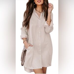 Womens Button Down Shirt Dresses with Pockets Cotton Striped Shirts-SIZE XL